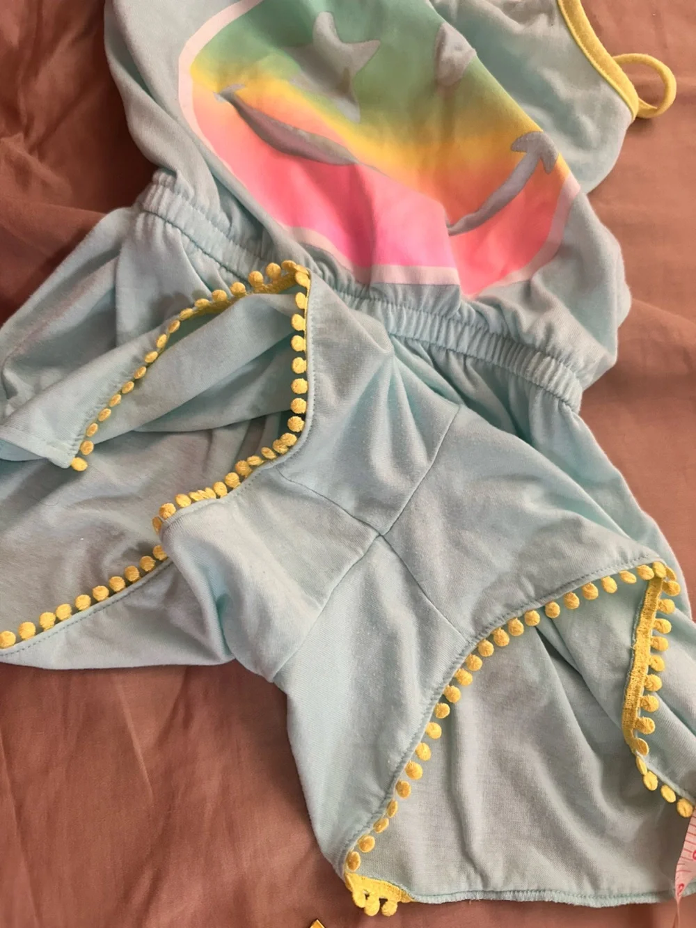 Light Blue Graphic Smiley Romper with Neon Tassled Trim | Size 12